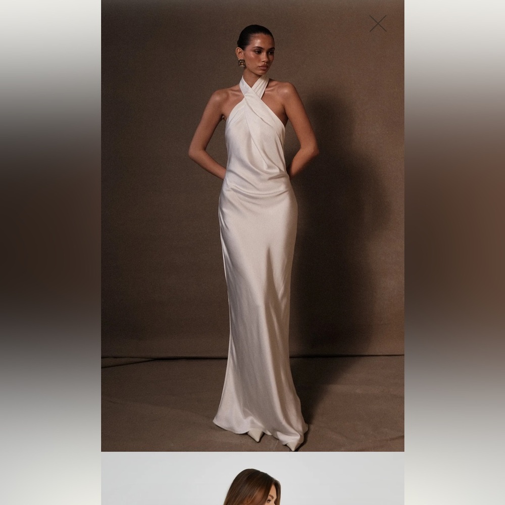 NWT - Meshki Laura Twist Halter Satin Gown Medium - White